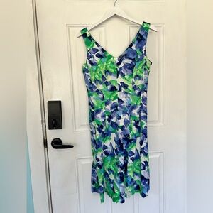 Chaps Blue and Green Floral V-Neck Mini Dress